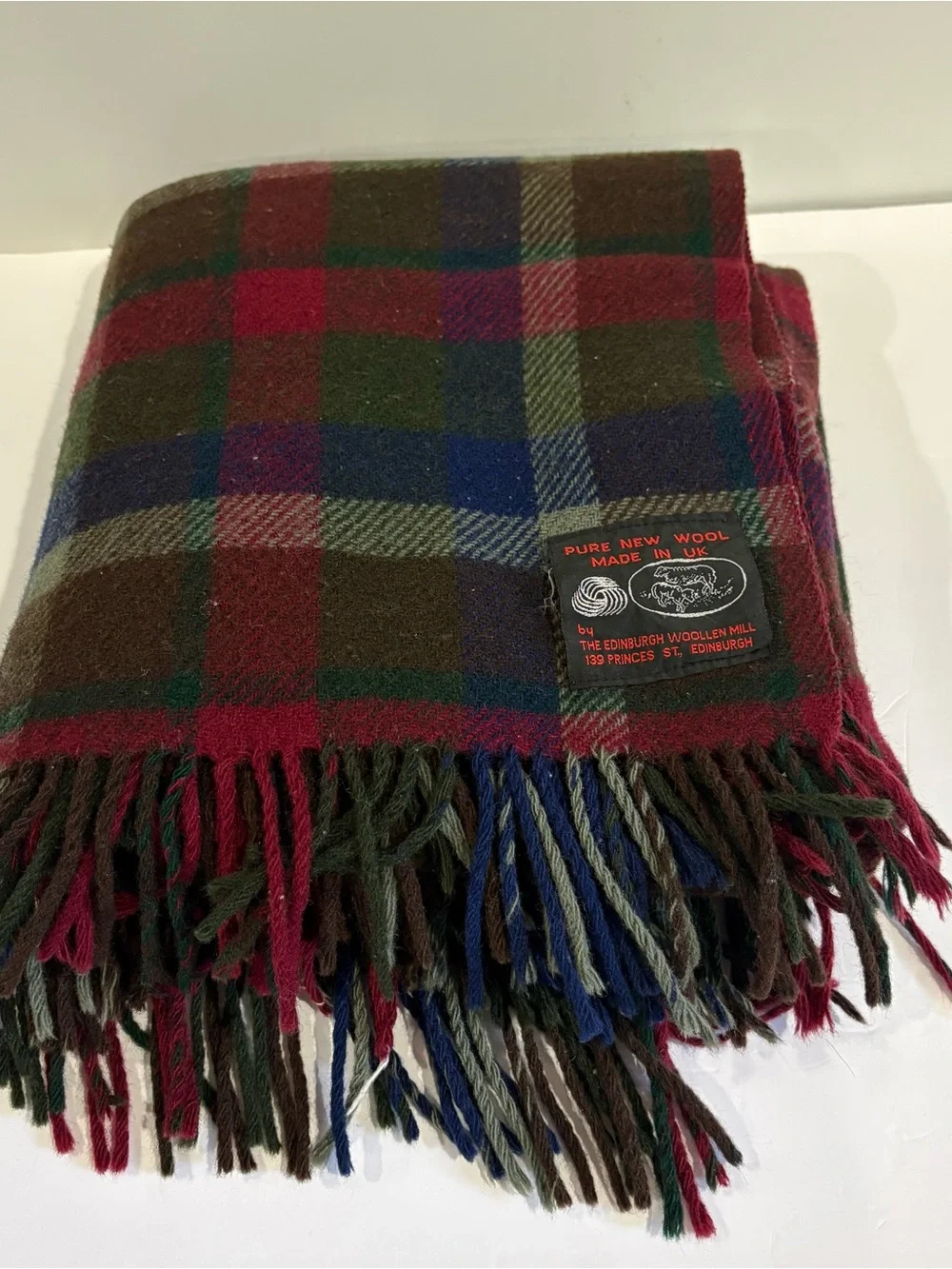 Vtg 100% Pure New Wool Plaid Blanket Red Navy Green Brown 46x48” Fringe Made UK